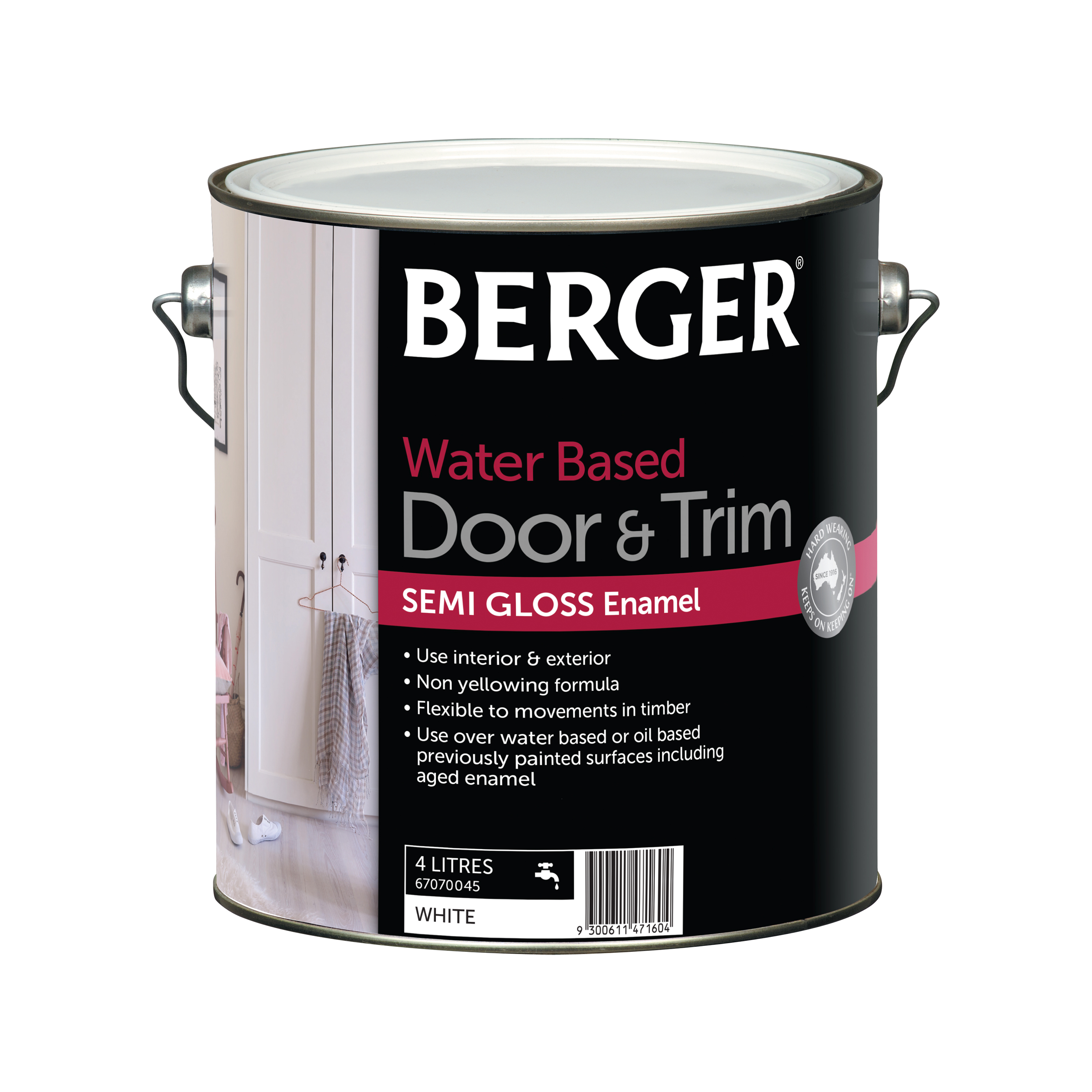 Berger Door & Trim Water Based Semi Gloss Enamel White 4L