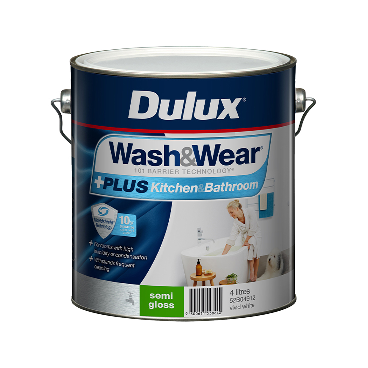 Dulux Wash&Wear +PLUS Kitchen&Bathroom Semi Gloss Vivid White 4L